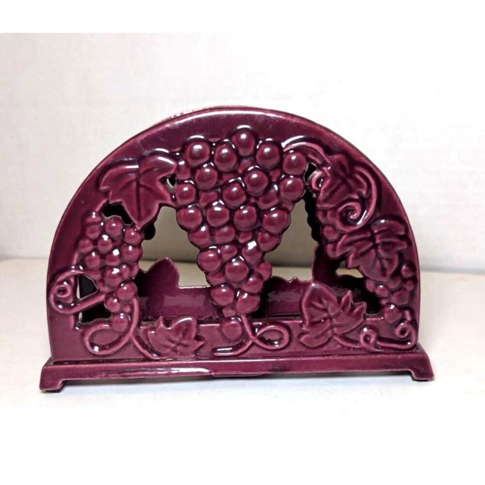 Cast Iron Napkin Holder Purple Grape Design Hand Painted Vintage Heavy 6 x 4-in